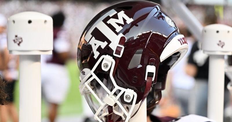 Sep 21, 2024; College Station, Texas, USA; A detail view of a Texas A&M Aggies helmet on the sideline during the game against the Bowling Green Falcons at Kyle Field. Mandatory Credit: Maria Lysaker-Imagn Images. | State