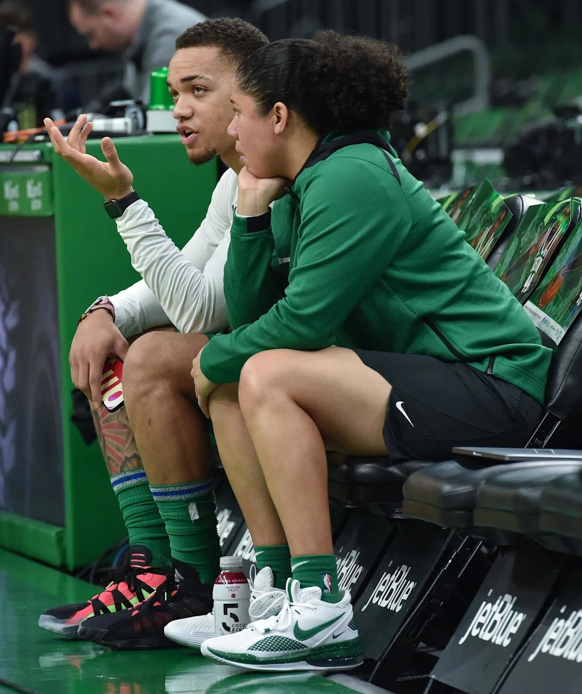 Boston Celtics guard Carsen Edwards (4) talks with assistant coach Kara Lawson prior to a game against the Cleveland Cavaliers at TD Garden. Bob DeChiara-USA TODAY Sports