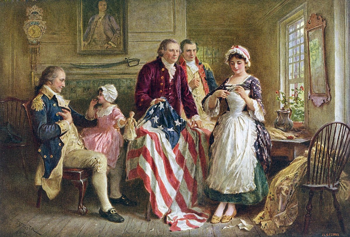George Washington watching Betsy Ross sew the American flag in 1777. Photo by GraphicaArtis/Getty Images