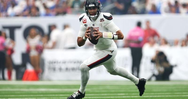 Sep 13, 2026; Houston, Texas, USA; Houston Texans quarterback C.J. Stroud (7) carries the ball during the first quarter against the Buffalo Bills at Reliant Stadium. Mandatory Credit: Troy Taormina-Imagn Images | State