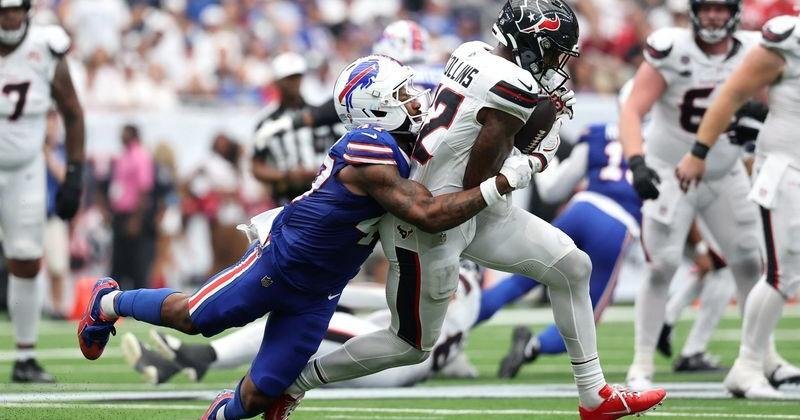 Sep 13, 2026; Houston, Texas, USA; Houston Texans wide receiver Nico Collins (12) runs with the ball after a catch against Buffalo Bills cornerback Christian Benford (47) during the fourth quarter at Reliant Stadium. Mandatory Credit: Troy Taormina-Imagn Images | State