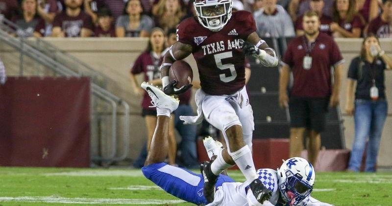 Oct 6, 2018; College Station, TX, USA; Texas A&M Aggies running back Trayveon Williams (5) runs after a catch during the second quarter against the Kentucky Wildcats at Kyle Field. Mandatory Credit: John Glaser-USA TODAY Sports | National
