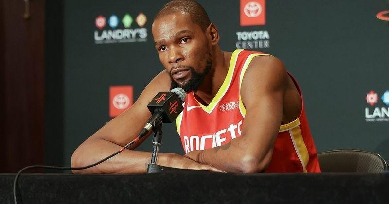Sep 22, 2026; Houston, TX, USA; Houston Rockets forward Kevin Durant (7) is interviewed during media day at Hilton Americas hotel. Mandatory Credit: Troy Taormina-Imagn Images | Texas