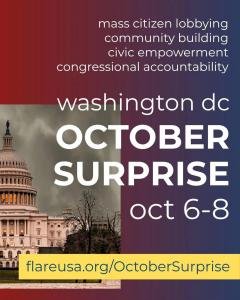 Partial image of the US Capitol among dark storm clouds with text October Surprise Washington DC Oct 6-8 for a mass citizen lobbying event
