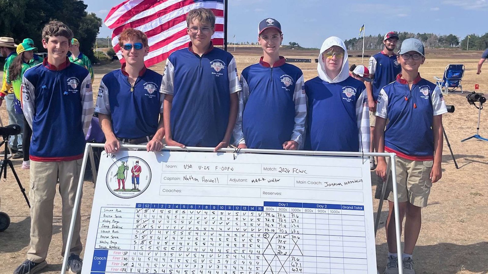 Six young American shooters standing behind a large team scorecard marked USA U-25 F-Open beneath an American flag at Bisley