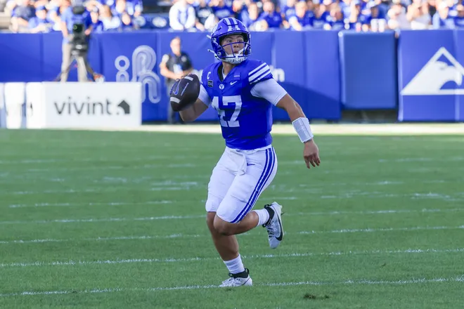 Sep 5, 2026; Provo, Utah, USA;  BYU Cougars quarterback Bear Bachmeier (47) looks to pass against the Utah Tech Trailblazers during the first quarter at LaVell Edwards Stadium.  Mandatory Credit: Rob Gray-Imagn Images