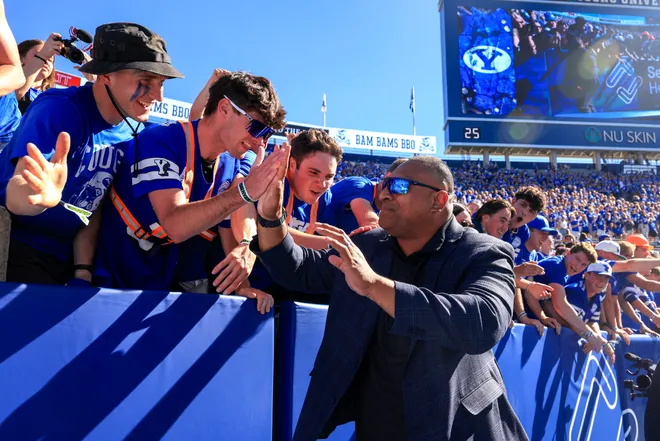 Sep 5, 2026; Provo, Utah, USA;  BYU Cougars head coach Kalani Sitake greets students before the game against the Utah Tech Trailblazers at LaVell Edwards Stadium.  Mandatory Credit: Rob Gray-Imagn Images