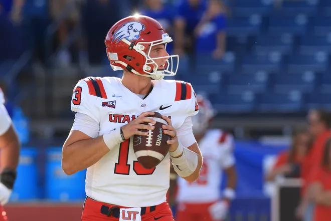 Sep 5, 2026; Provo, Utah, USA;  Utah Tech Trailblazers quarterback Bronson Barben (13) warms up before the game against the BYU Cougars at LaVell Edwards Stadium.  Mandatory Credit: Rob Gray-Imagn Images