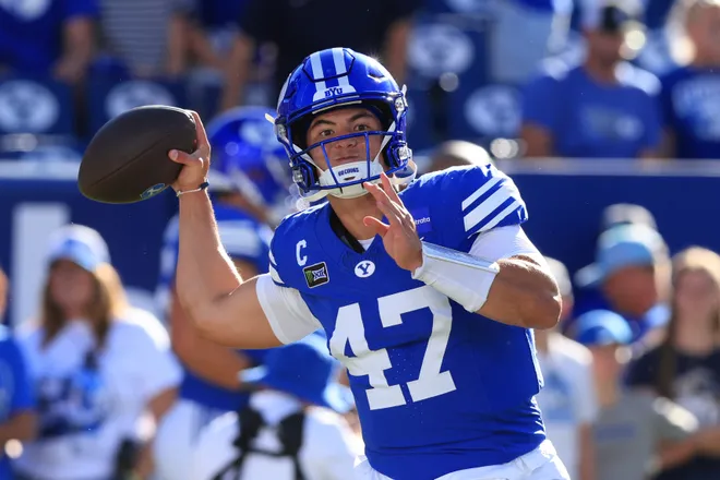 Sep 5, 2026; Provo, Utah, USA;  BYU Cougars quarterback Bear Bachmeier (47) warms up before a game against the Utah Tech Trailblazers at LaVell Edwards Stadium.  Mandatory Credit: Rob Gray-Imagn Images
