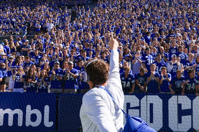 Sep 5, 2026; Provo, Utah, USA;  The BYU Cougars student section greets players as they arrive before the game against the Utah Tech Trailblazers at LaVell Edwards Stadium.  Mandatory Credit: Rob Gray-Imagn Images