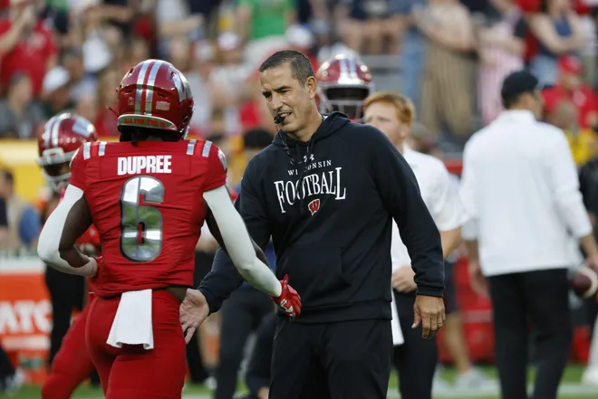 Sep 6, 2026; Green Bay, Wisconsin, USA;  Wisconsin Badgers head coach Luke Fickell reacts at Lambeau Field.  Mandatory Credit: Michael Caterina-Imagn Images