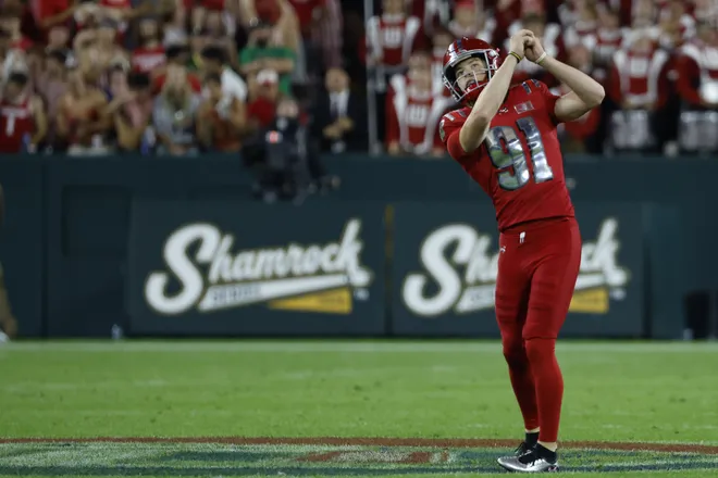 Sep 6, 2026; Green Bay, Wisconsin, USA;  Wisconsin Badgers punter Sean West (91) reacts after a punt in the first half at Lambeau Field.  Mandatory Credit: Michael Caterina-Imagn Images