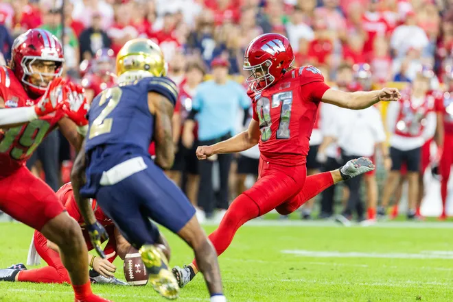 Sep 6, 2026; Green Bay, Wisconsin, USA;  Wisconsin Badgers place kicker Gavin Lahm (97) kicks a field goal against the Notre Dame Fighting Irish in the first half at Lambeau Field.  Mandatory Credit: Trevor Ruszkowski-Imagn Images