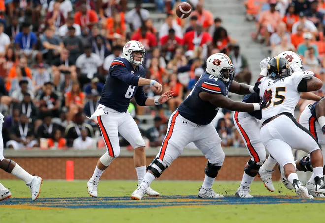 Sep 29, 2018; Auburn, AL, USA; Auburn Tigers quarterback Jarrett Stidham (8) throws a pass against the Southern Miss Golden Eagles during the second quarter at Jordan-Hare Stadium. Mandatory Credit: John Reed-USA TODAY Sports