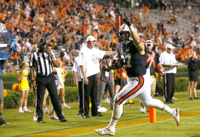 Sep 29, 2018; Auburn, AL, USA; Auburn Tigers full back Chandler Cox (27) scores a touchdown against the Southern Miss Golden Eagles during the third quarter at Jordan-Hare Stadium. Mandatory Credit: John Reed-USA TODAY Sports