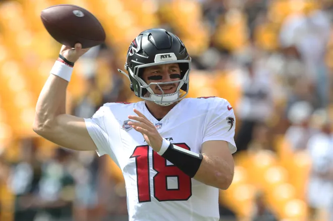 Sep 13, 2026; Pittsburgh, Pennsylvania, USA;  Atlanta Falcons quarterback Jack Strand (18) warms up before the game against the Pittsburgh Steelers at Acrisure Stadium.  Mandatory Credit: Charles LeClaire-Imagn Images