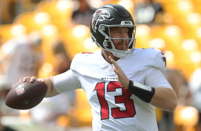 Sep 13, 2026; Pittsburgh, Pennsylvania, USA;  Atlanta Falcons quarterback Cooper Rush (13) warms up before the game against the Pittsburgh Steelers at Acrisure Stadium.  Mandatory Credit: Charles LeClaire-Imagn Images
