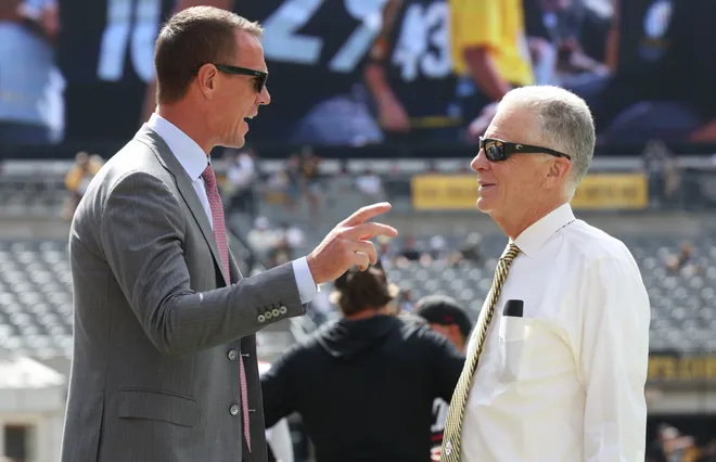 Sep 13, 2026; Pittsburgh, Pennsylvania, USA;  Atlanta Falcons President of football operations Matt Ryan (left) and Pittsburgh Steelers owner Art Rooney II (right) talk on the field before the game at Acrisure Stadium.  Mandatory Credit: Charles LeClaire-Imagn Images