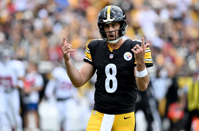 Sep 13, 2026; Pittsburgh, Pennsylvania, USA;  Pittsburgh Steelers quarterback Aaron Rodgers (8) reacts during the first quarter against the Atlanta Falcons at Acrisure Stadium.  Mandatory Credit: Barry Reeger-Imagn Images