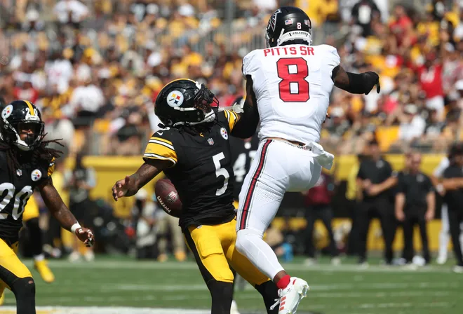 Sep 13, 2026; Pittsburgh, Pennsylvania, USA;  Pittsburgh Steelers cornerback Jalen Ramsey (5) breaks up a pass intended for Atlanta Falcons tight end Kyle Pitts Sr. (8) during the first quarter at Acrisure Stadium.  Mandatory Credit: Charles LeClaire-Imagn Images