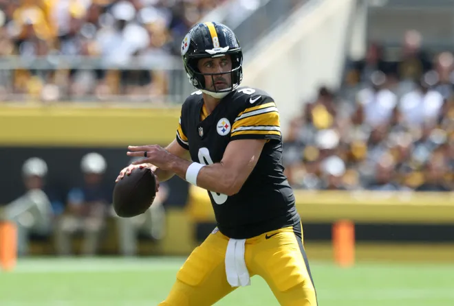 Sep 13, 2026; Pittsburgh, Pennsylvania, USA;  Pittsburgh Steelers quarterback Aaron Rodgers (8) throws during the first quarter against the Atlanta Falcons at Acrisure Stadium.  Mandatory Credit: Charles LeClaire-Imagn Images