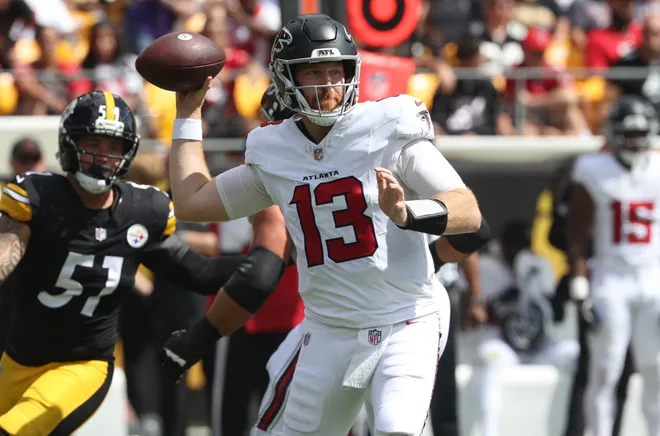 Sep 13, 2026; Pittsburgh, Pennsylvania, USA;  Atlanta Falcons quarterback Cooper Rush (13) throws during the first quarter against the Pittsburgh Steelers at Acrisure Stadium.  Mandatory Credit: Charles LeClaire-Imagn Images