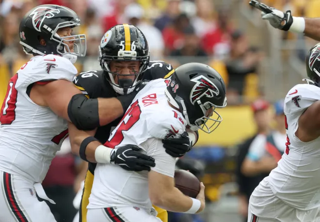 Sep 13, 2026; Pittsburgh, Pennsylvania, USA;  Pittsburgh Steelers linebacker Alex Highsmith (56) sacks Atlanta Falcons quarterback Cooper Rush (13) during the first quarter at Acrisure Stadium.  Mandatory Credit: Charles LeClaire-Imagn Images