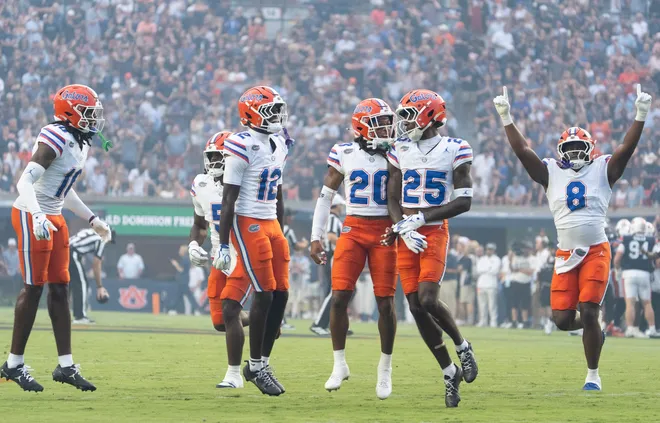 Florida Gators cornerback Cormani McClain (25) celebrates his interception as Auburn Tigers take on Florida Gators at Jordan-Hare Stadium in Auburn, Ala. on Saturday, Sept. 19, 2026.