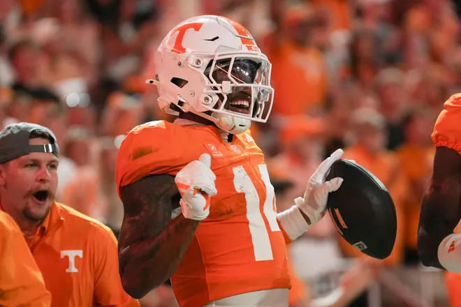 Tennessee wide receiver Braylon Staley (14) celebrates a touchdown during a game between Tennessee and Kennesaw State at Neyland Stadium in Knoxville, Tennessee on Sept. 19, 2026.