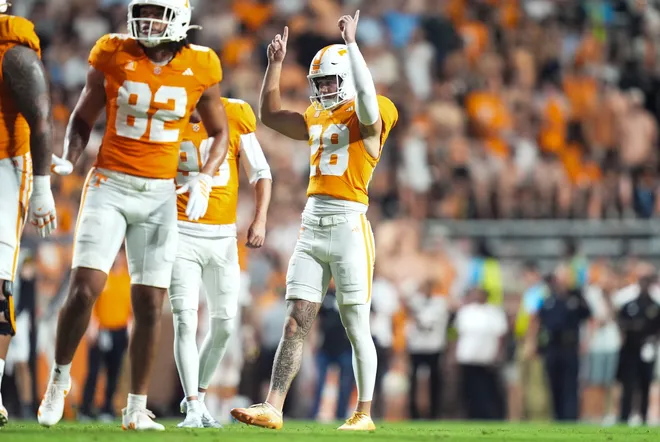 Tennessee place kicker Cooper Ranvier (28) celebrates a successful field goal during a game between Tennessee and Kennesaw State at Neyland Stadium in Knoxville, Tennessee on Sept. 19, 2026.