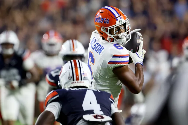 Sep 19, 2026; Auburn, Alabama, USA;  Florida Gators wide receiver Dallas Wilson (6) makes a catch against the Auburn Tigers defense during the third quarter at Jordan-Hare Stadium.  Mandatory Credit: John Reed-Imagn Images