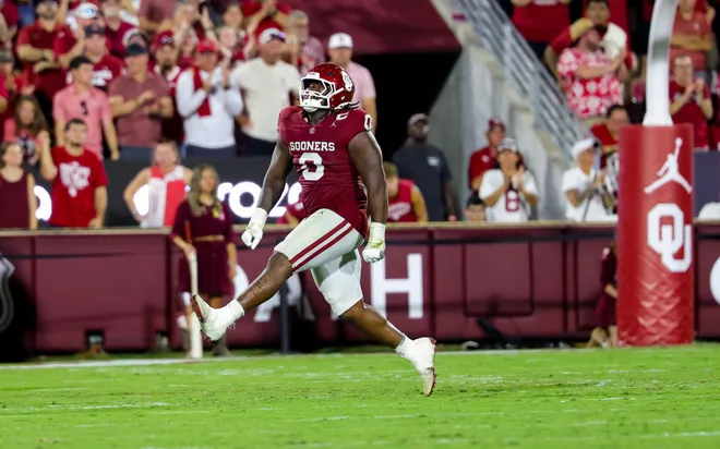 Sep 19, 2026; Norman, Oklahoma, USA; Oklahoma Sooners defensive lineman David Stone (0) reacts during the second half against the New Mexico Lobos at Gaylord Family-Oklahoma Memorial Stadium. Mandatory Credit: Kevin Jairaj-Imagn Images