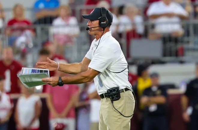 Sep 19, 2026; Norman, Oklahoma, USA; Oklahoma Sooners head coach Brent Venables reacts during the second quarter against the New Mexico Lobos at Gaylord Family-Oklahoma Memorial Stadium. Mandatory Credit: Kevin Jairaj-Imagn Images