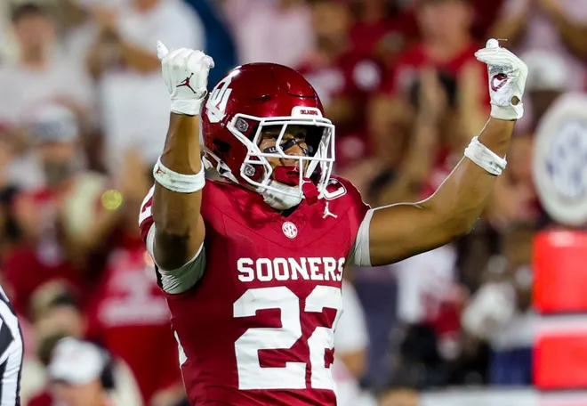 Sep 19, 2026; Norman, Oklahoma, USA; Oklahoma Sooners defensive back Peyton Bowen (22) reacts during the second half against the New Mexico Lobos at Gaylord Family-Oklahoma Memorial Stadium. Mandatory Credit: Kevin Jairaj-Imagn Images