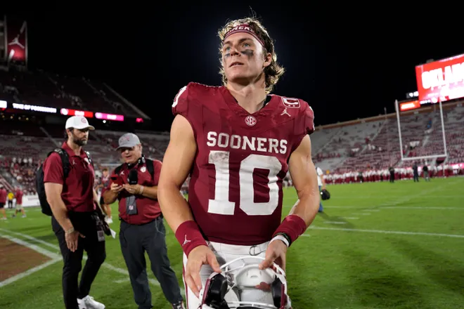 Oklahoma Sooners quarterback John Mateer (10) walks off the field after a college football game between the University of Oklahoma Sooners (OU) and the New Mexico Lobos at Gaylord Family-Oklahoma Memorial Stadium in Norman, Okla., Saturday, Sept. 19, 2026. Oklahoma won 14-6.