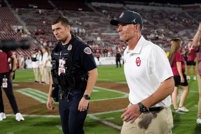 Oklahoma coach Brent Venables walks off the field after a college football game between the University of Oklahoma Sooners (OU) and the New Mexico Lobos at Gaylord Family-Oklahoma Memorial Stadium in Norman, Okla., Saturday, Sept. 19, 2026. Oklahoma won 14-6.