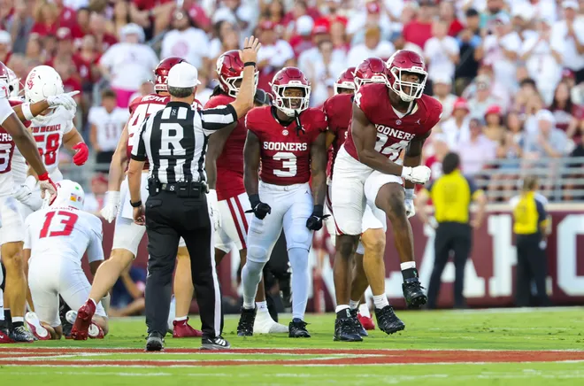 Sep 19, 2026; Norman, Oklahoma, USA; Oklahoma Sooners defensive lineman Adepoju Adebawore (34) reacts during the first quarter against the New Mexico Lobos at Gaylord Family-Oklahoma Memorial Stadium. Mandatory Credit: Kevin Jairaj-Imagn Images