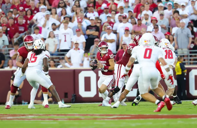 Sep 19, 2026; Norman, Oklahoma, USA; Oklahoma Sooners quarterback John Mateer (10) throws during the first quarter against the New Mexico Lobos at Gaylord Family-Oklahoma Memorial Stadium. Mandatory Credit: Kevin Jairaj-Imagn Images