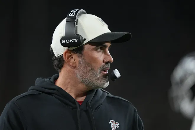 Sep 24, 2026; Green Bay, Wisconsin, USA;  Atlanta Falcons head coach Kevin Stefanski looks on during the first quarter against the Green Bay Packers at Lambeau Field.  Mandatory Credit: Jeff Hanisch-Imagn Images