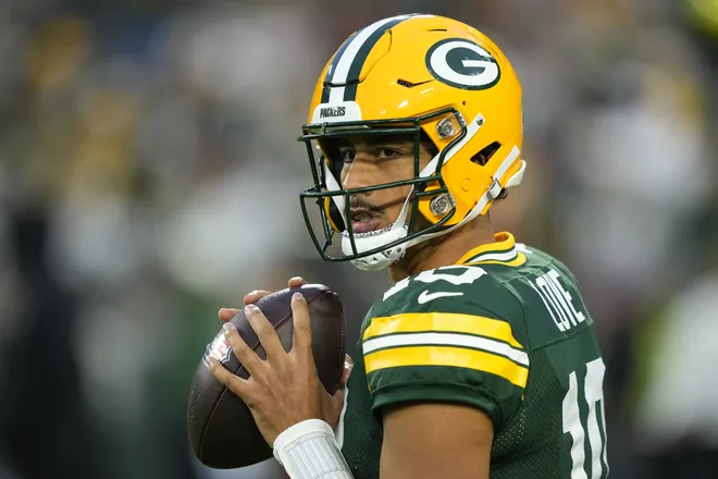 Sep 24, 2026; Green Bay, Wisconsin, USA;  Green Bay Packers quarterback Jordan Love (10) warms up prior to the during the first half against the Atlanta Falcons at Lambeau Field.  Mandatory Credit: Jeff Hanisch-Imagn Images