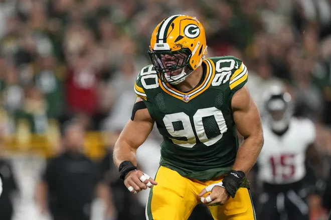 Sep 24, 2026; Green Bay, Wisconsin, USA;  Green Bay Packers defensive end Lukas Van Ness (90) reacts during the first quarter against the Atlanta Falcons at Lambeau Field.  Mandatory Credit: Jeff Hanisch-Imagn Images