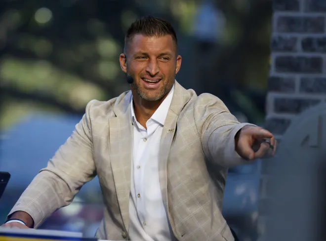 SEC Nation analyst and former Gator quarter back Tim Tebow appears on SEC nation at Plaza of the Americas in Gainesville, FL on Saturday, September 26, 2026. [Alan Youngblood/Gainesville Sun]