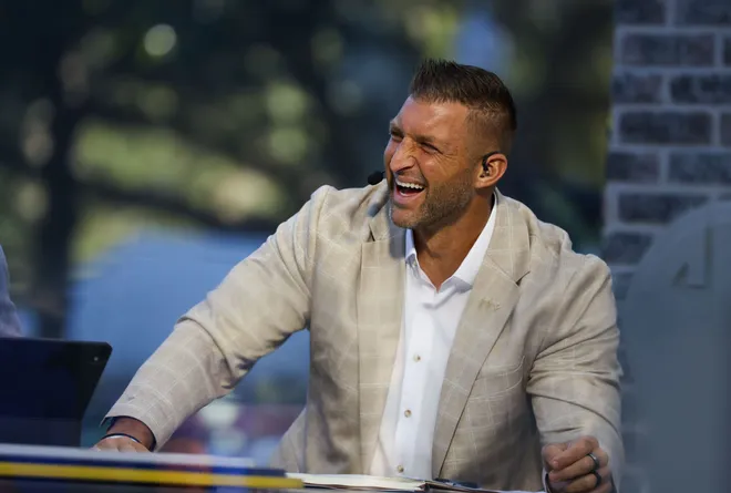 SEC Nation analyst and former Gator quarter back Tim Tebow appears on SEC nation at Plaza of the Americas in Gainesville, FL on Saturday, September 26, 2026. [Alan Youngblood/Gainesville Sun]