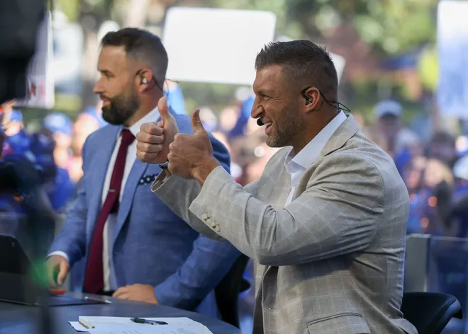 SEC Nation analyst and former Gator quarter back Tim Tebow appears on SEC nation at Plaza of the Americas in Gainesville, FL on Saturday, September 26, 2026. [Alan Youngblood/Gainesville Sun]