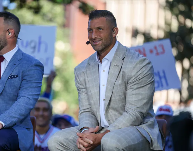 SEC Nation analyst and former Gator quarter back Tim Tebow appears during SEC nation at Plaza of the Americas in Gainesville, FL on Saturday, September 26, 2026. [Alan Youngblood/Gainesville Sun]