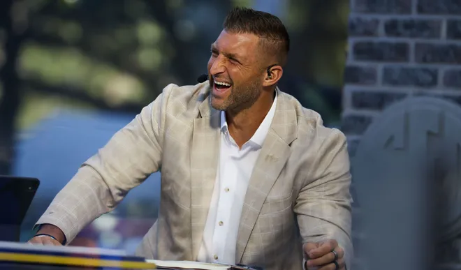 SEC Nation analyst and former Gator quarter back Tim Tebow appears on SEC nation at Plaza of the Americas in Gainesville, FL on Saturday, September 26, 2026. [Alan Youngblood/Gainesville Sun]