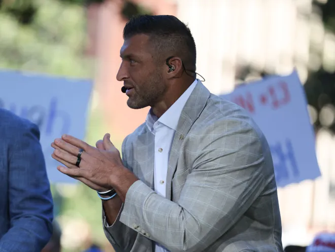 SEC Nation analyst and former Gator quarter back Tim Tebow appears during SEC nation at Plaza of the Americas in Gainesville, FL on Saturday, September 26, 2026. [Alan Youngblood/Gainesville Sun]