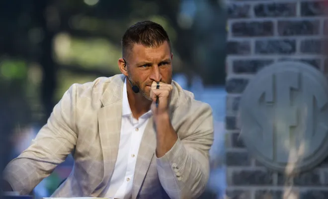 SEC Nation analyst and former Gator quarter back Tim Tebow appears on SEC nation at Plaza of the Americas in Gainesville, FL on Saturday, September 26, 2026. [Alan Youngblood/Gainesville Sun]