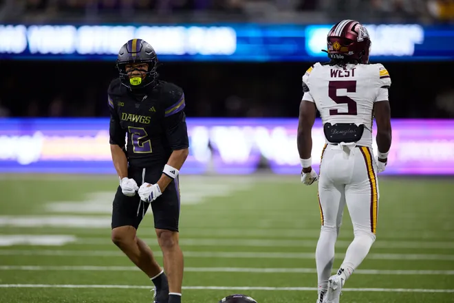 Sep 26, 2026; Seattle, Washington, USA;  Washington Huskies wide receiver Dezmen Roebuck (2) reacts after a catch in the second quarter at Husky Stadium.  Mandatory Credit: Richard Dizon-Imagn Images