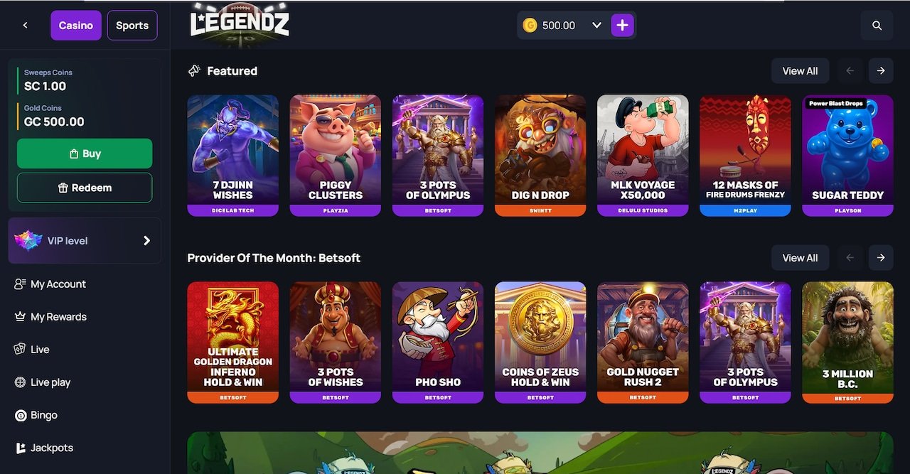 Legendz Casino top featured and Betsoft slot games